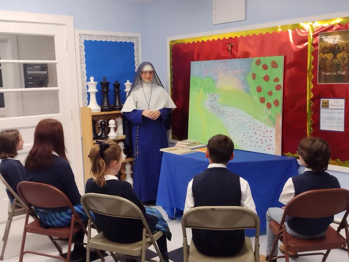 Sr. Mary Teresita gives an introductory class on the first day of school to students at St. Theresa’s in Oakland, Maine.