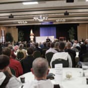 Wide view of the lecture hall during the Bishop's talk