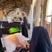 Sister prepares to play for a wedding at the magnificent, though unfinished, St. Joseph’s Church in Olathe, Colorado.