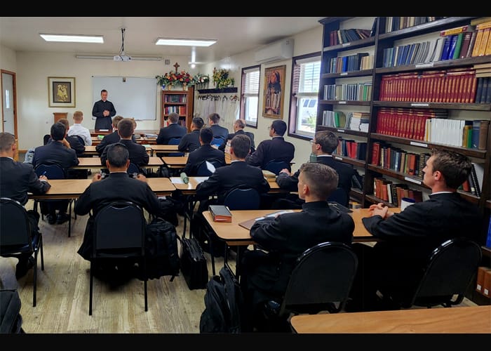Fr. Stephen Sandquist and Fr. Carlos Borja assist Bishop Pivarunas in teaching classes for the seminarians.