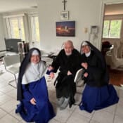 Sr. Mary Bernadette and Sr. Maria Ines visit with their long-time friend, Bob Glynn (Salem, New Hampshire). New Hampshire Sisters visit with a friend