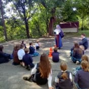 It almost looks like Mount St. Michael, but no! It’s Sr. Mary Angela teaching a new game to students at Holy Rosary School in Middleville. It almost looks like Mount St. Michael, but no! It’s Sr. Mary Angela teaching a new game to students at Holy Rosary School in Middleville.
