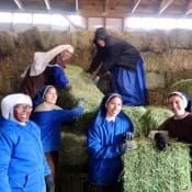 Postulants and novices pose for a photo while loading in hay for the winter. Postulants and novices pose for a photo while loading in hay for the winter.