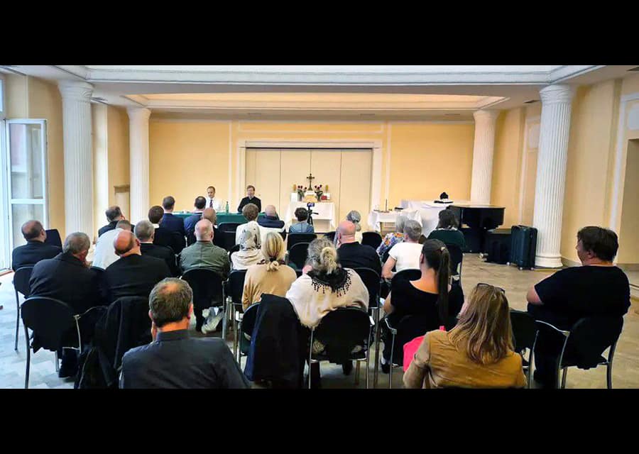 Fr. Eugen Rissling, speaking in English with a Polish translator, gives a public lecture in Warsaw, Poland, at the invitation of the faithful of Fr. Rafal Trytek. (The lecture may be viewed at www.CMRI.pl.)